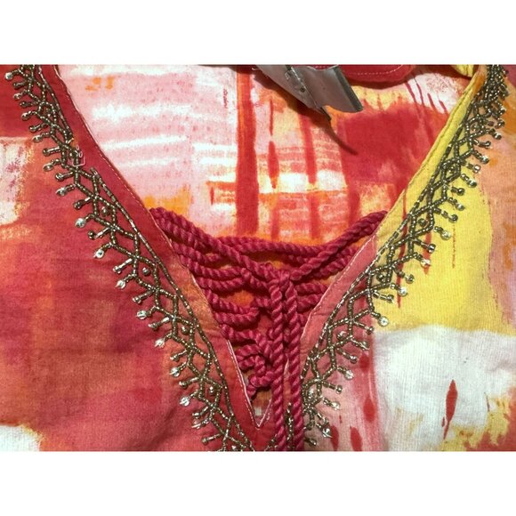 Chico’s Crossroads Lace Up Tunic 3 L-XL  Colorblocked Salsa Beaded Neckline Boho - Picture 10 of 10